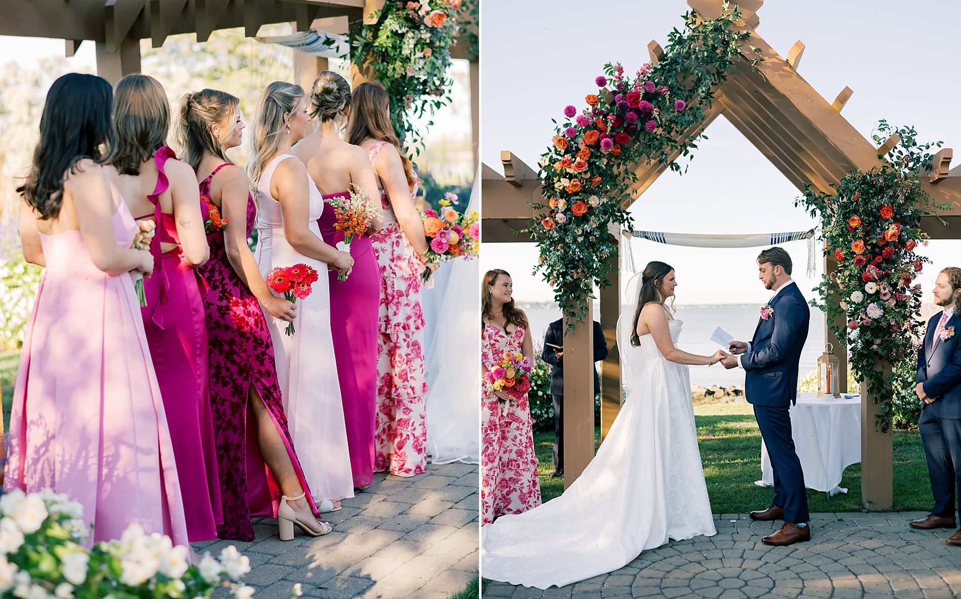 bridesmaids in colorful dresses at wedding ceremony 