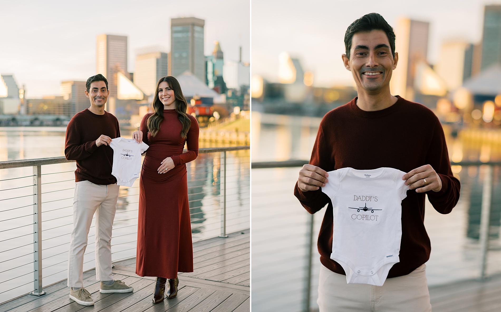 pregnancy announcement by the water at Inner Harbor 