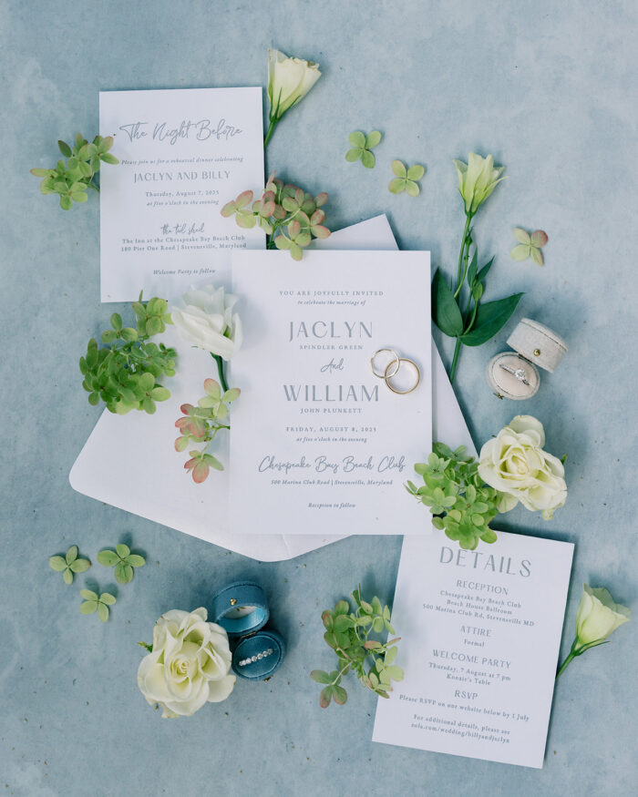 invitation suite with white flowers for a summer wedding on the Chesapeake Bay 