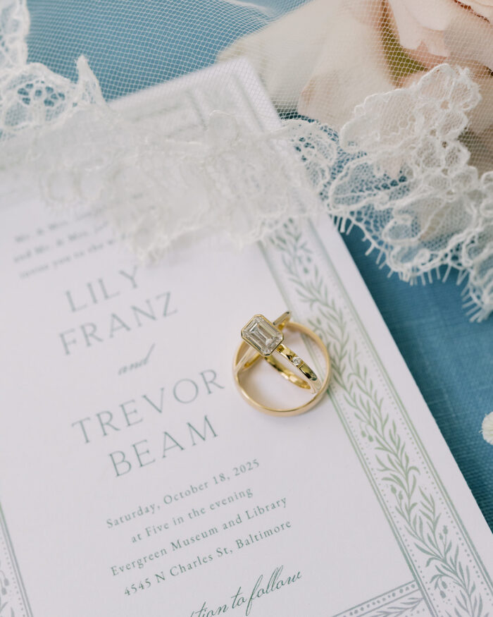 Close up shot of wedding save the date and rings 