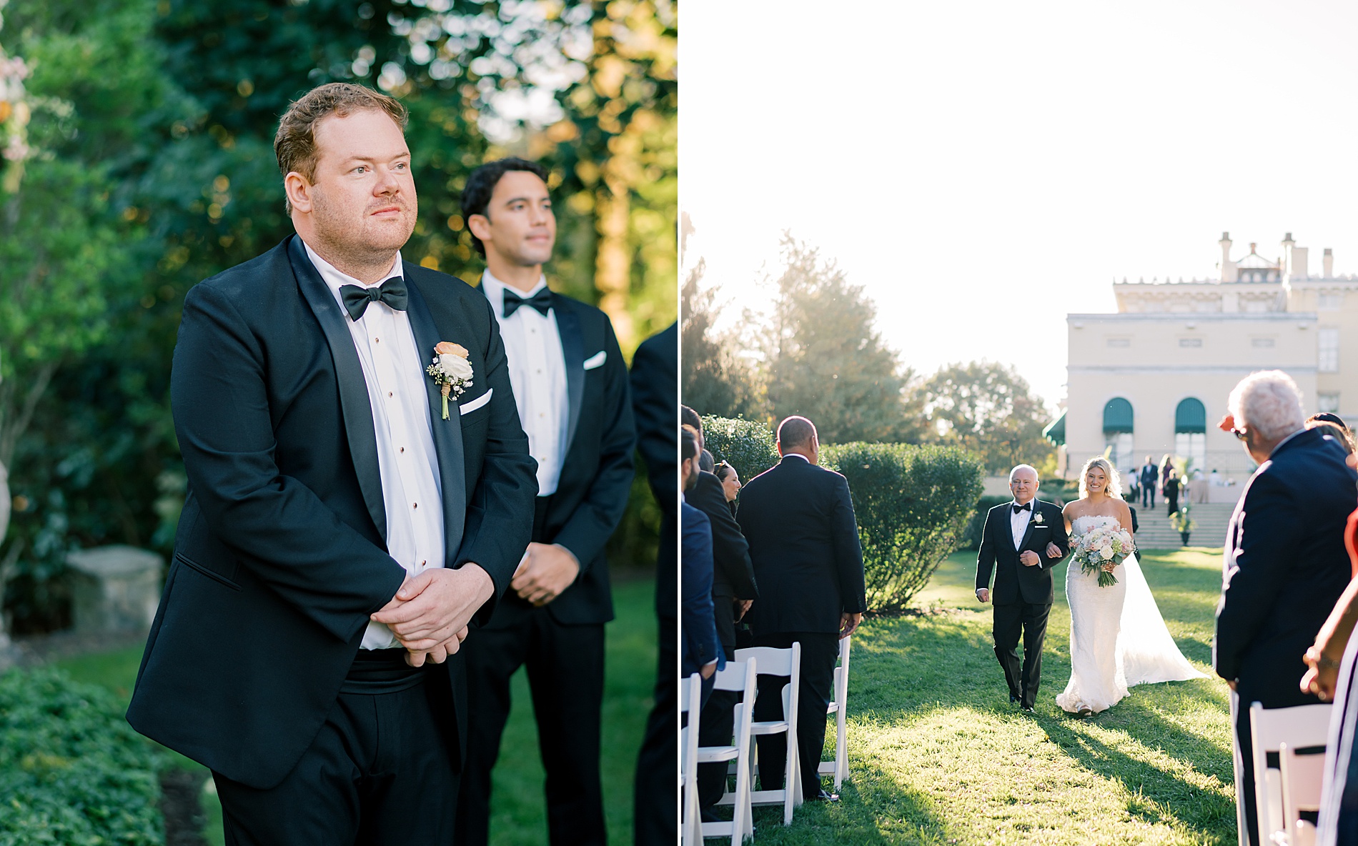 groom watches bride walk down the aisle 
