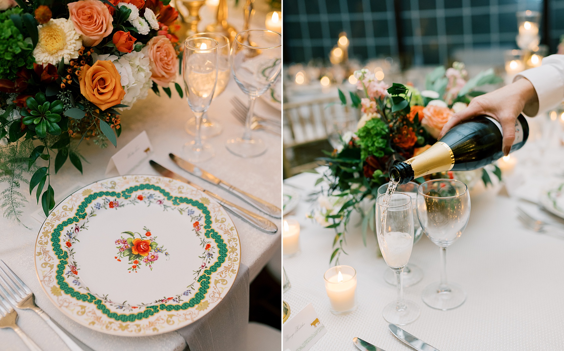 vintage china at wedding reception 