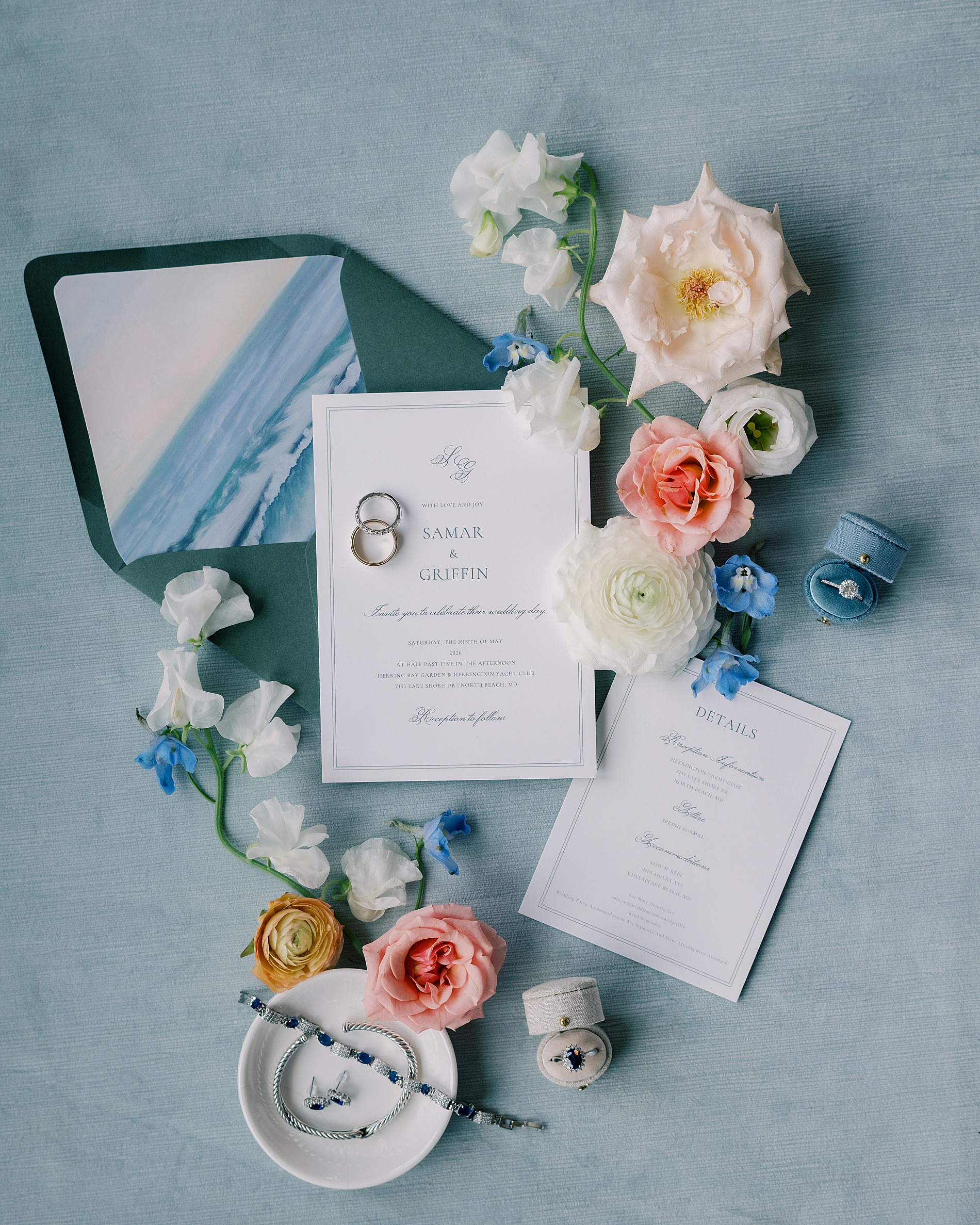 wedding details and flat lay from Summer Wedding at Herrington on the Bay