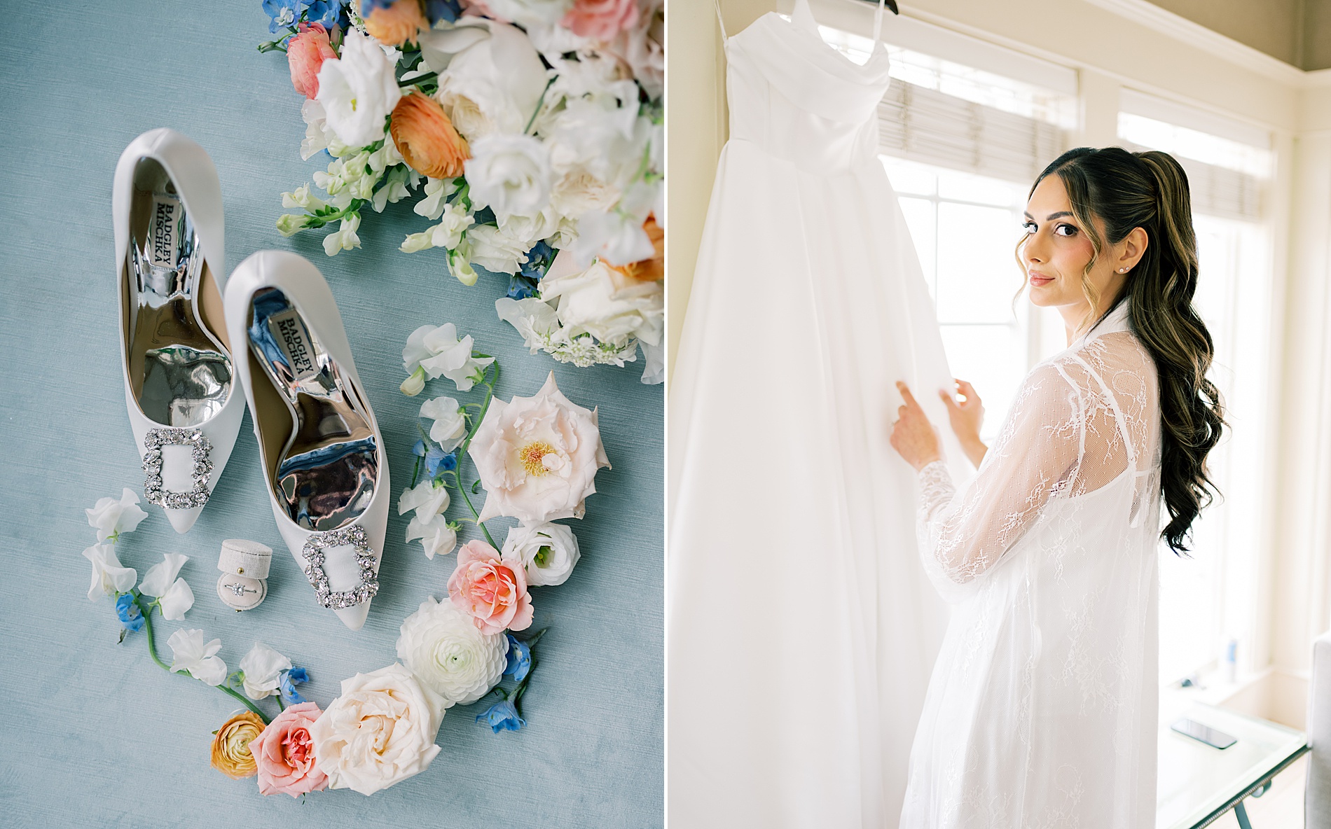bridal details from summer wedding. Bride with wedding dress and wedding shoes