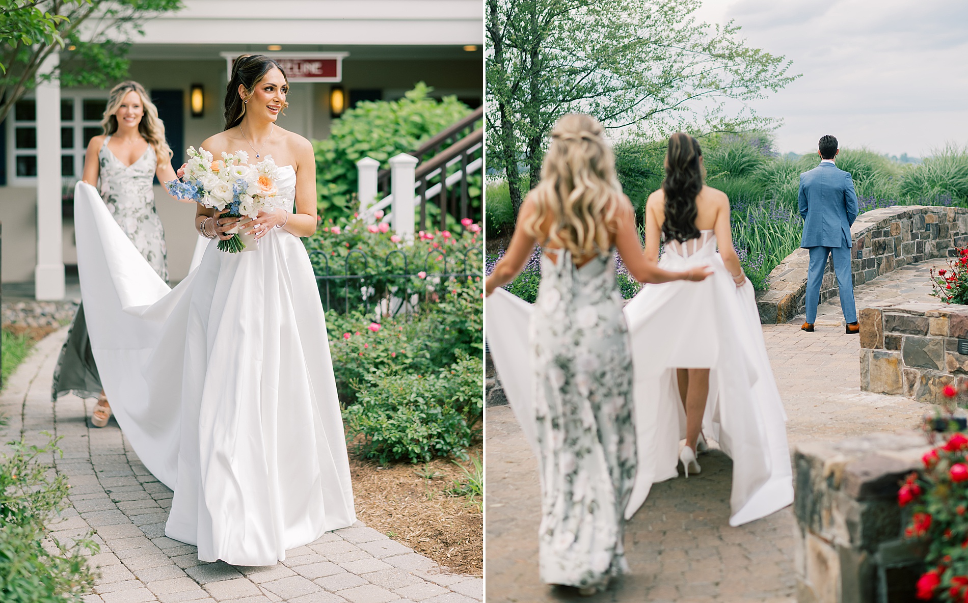 bride walking down path to meet groom for first look 