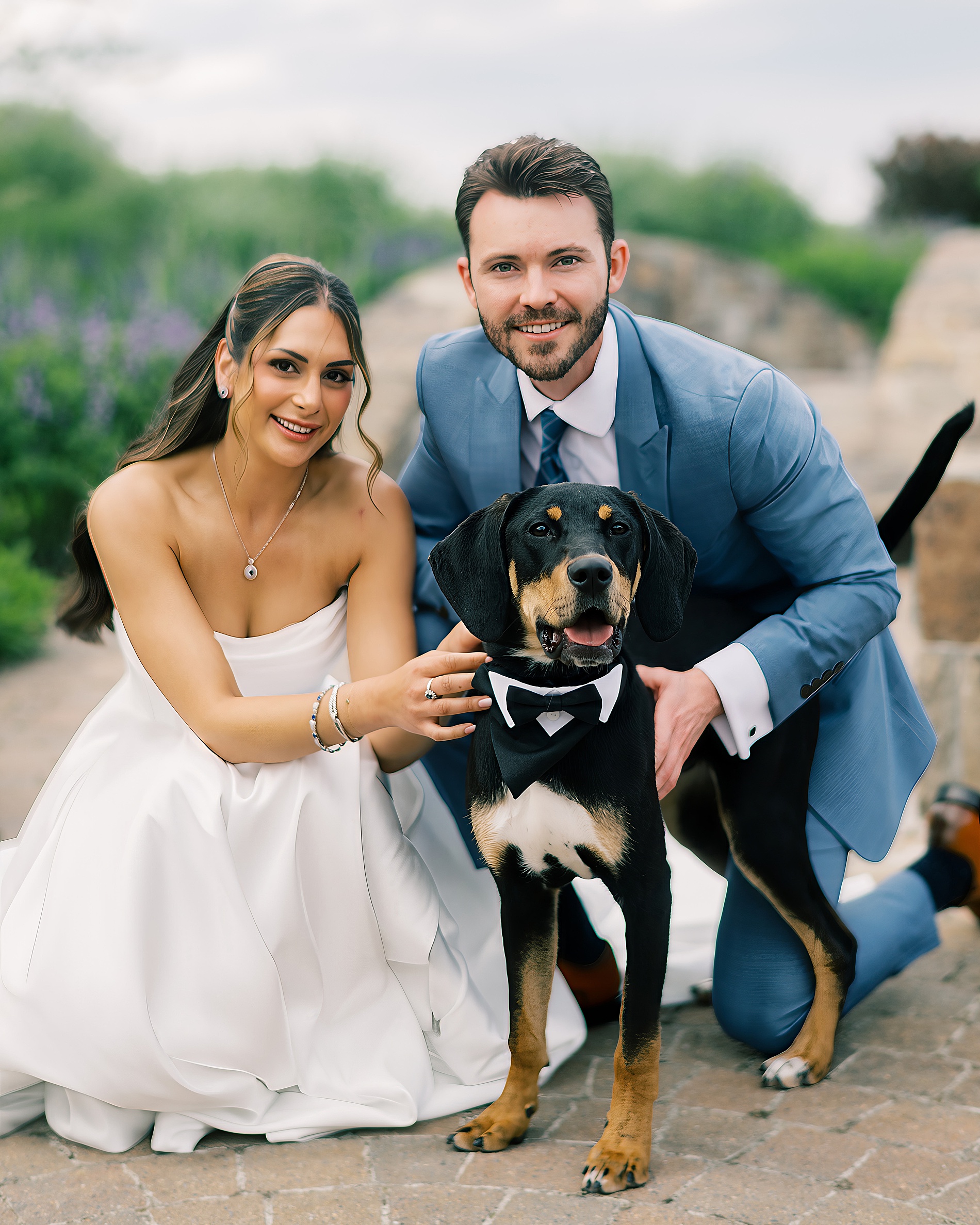 bride and groom with dog 