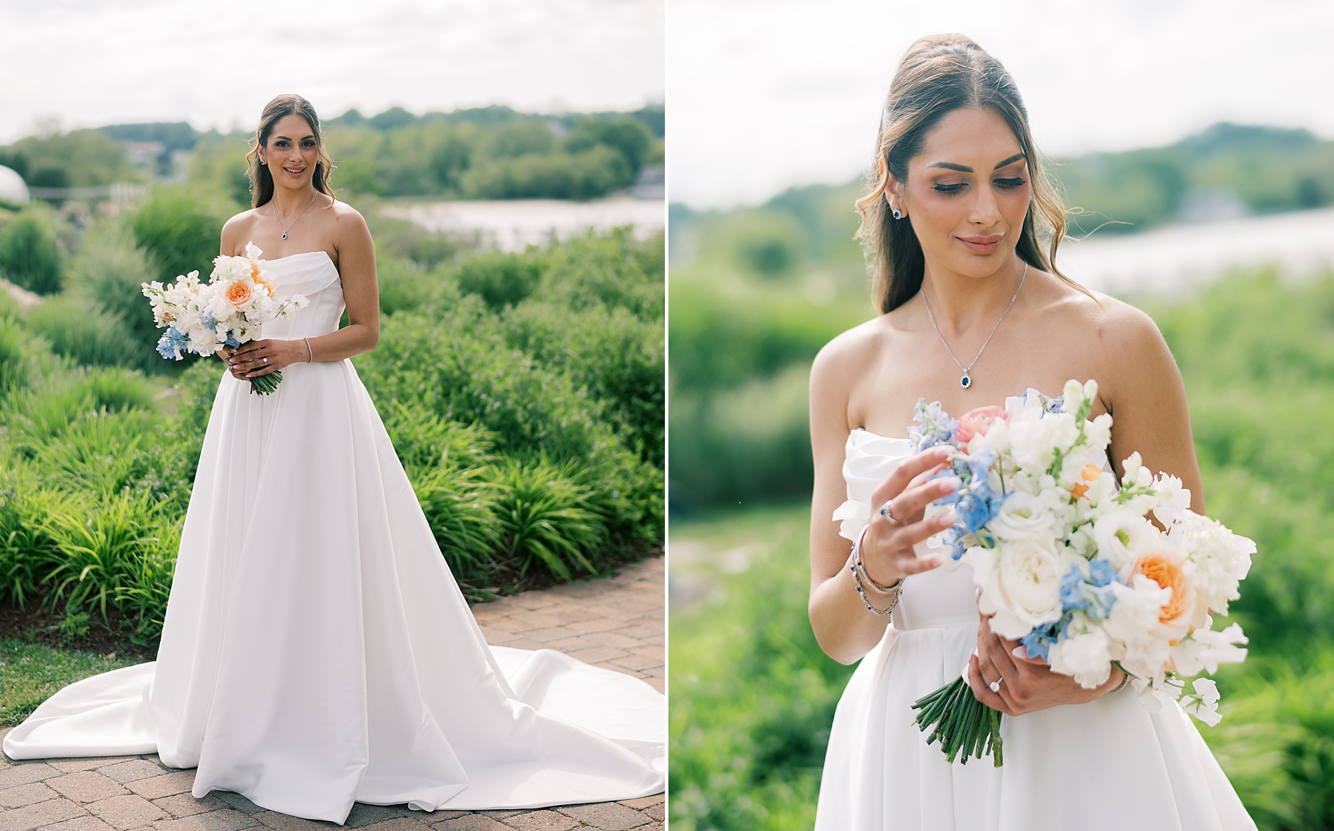 elegant bridal portraits of bride in strapless gown holding soft summer bouquet 