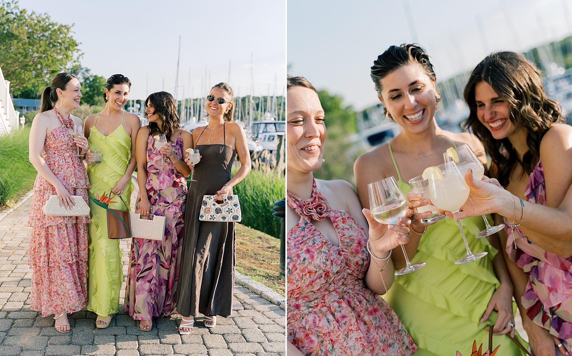 wedding guests in summer dresses cheers during cocktail hour