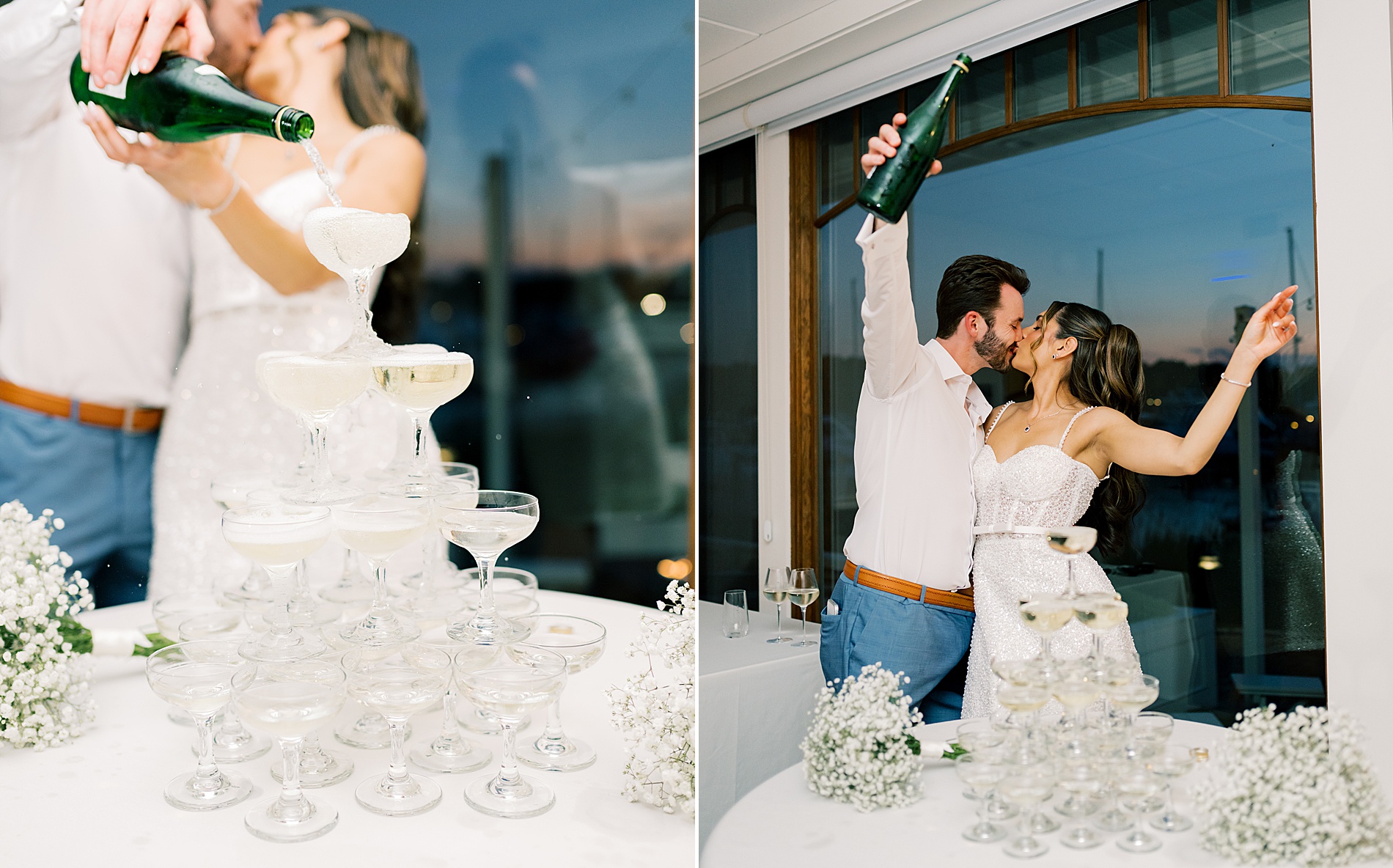 bride and groom pour champagne over tower of glasses 