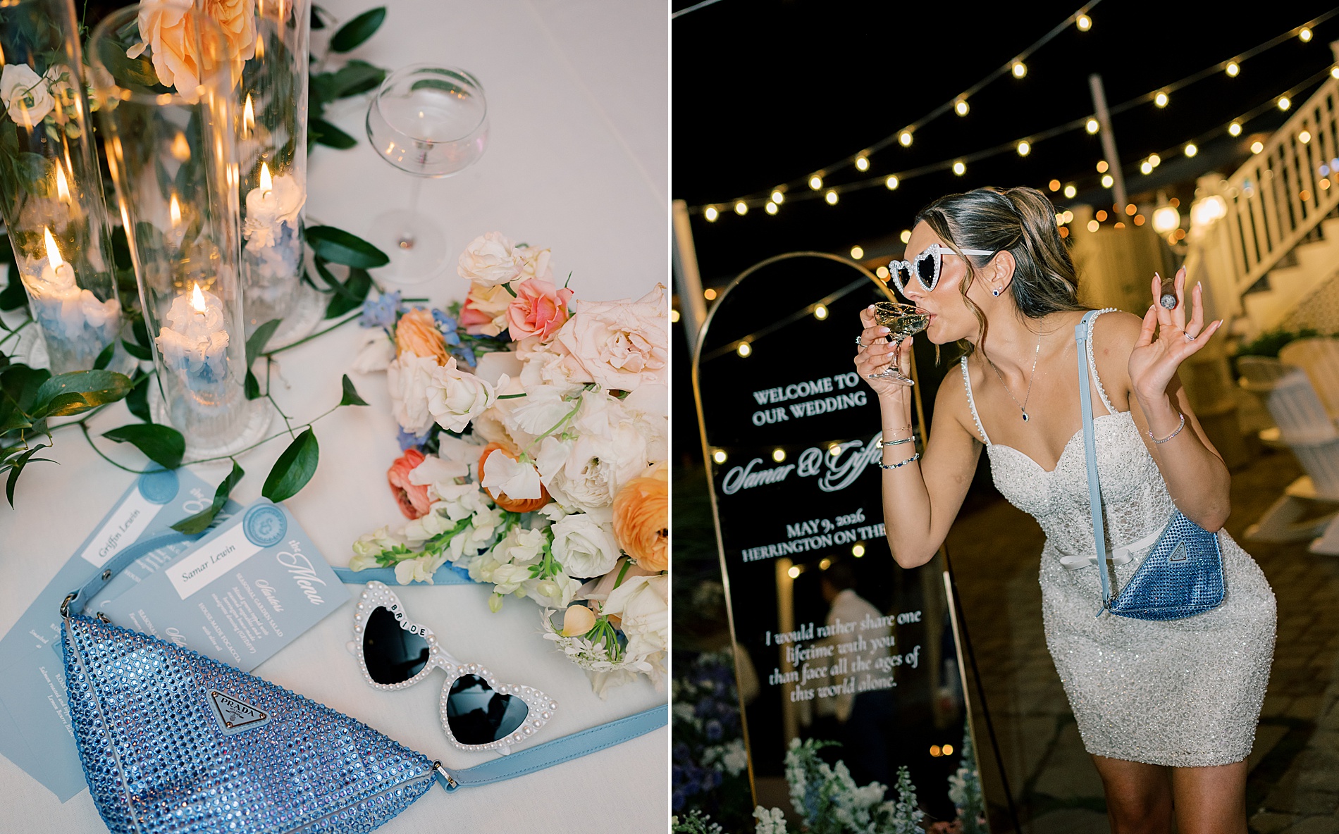 bride reception details with heart shaped glasses and blue purse 