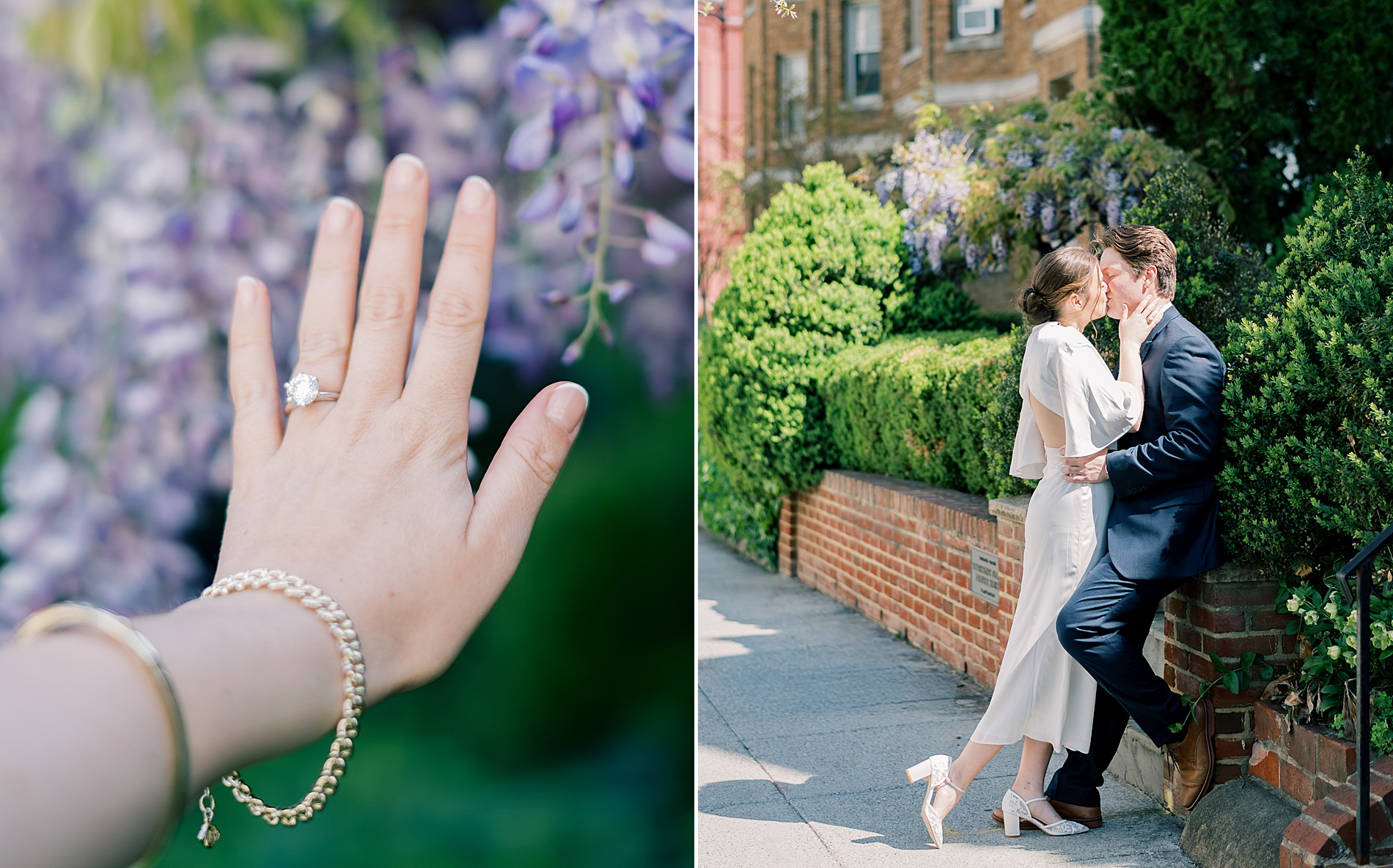 engagement ring by purple flower blossoms 