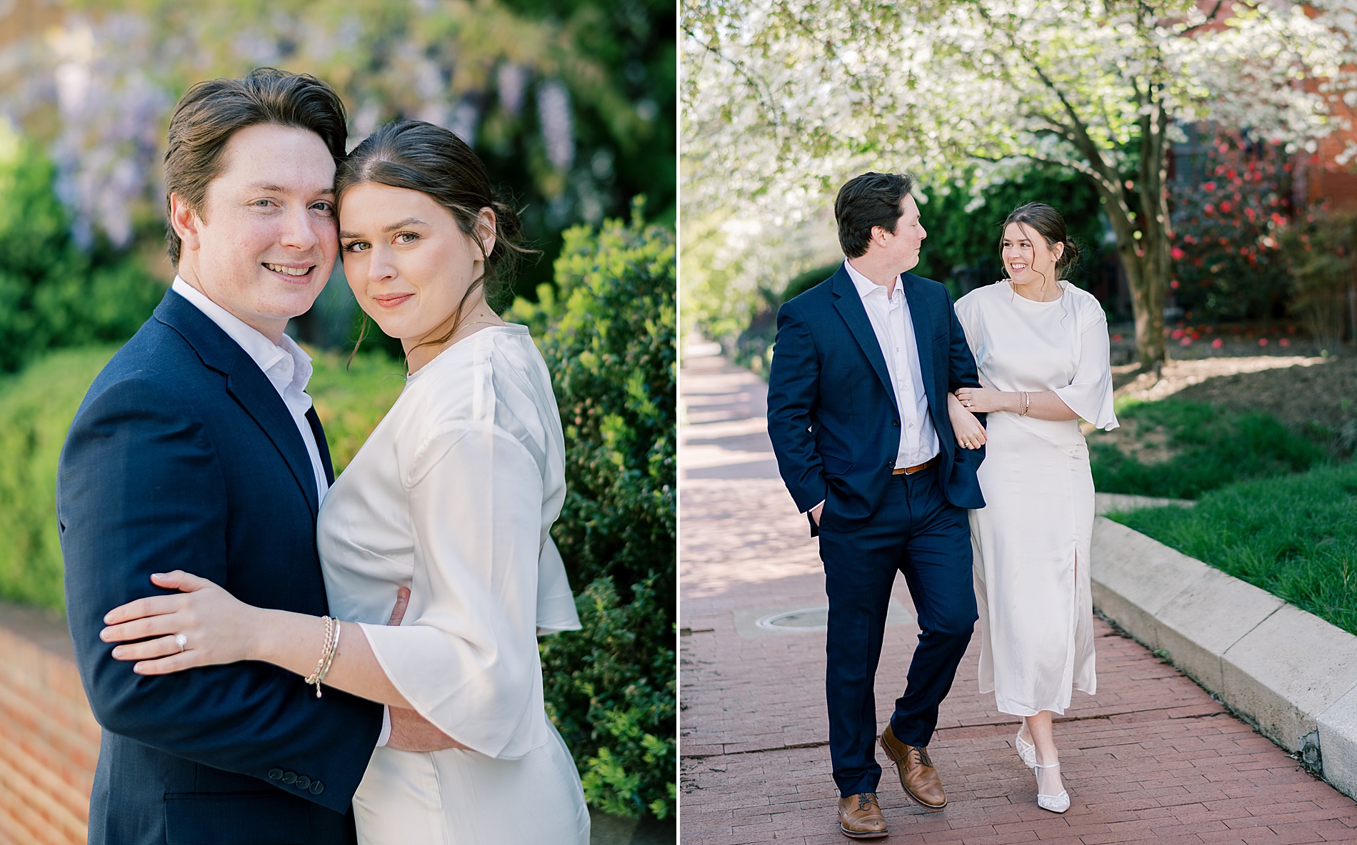 engaged couple in timeless outfits for Capitol Hill engagement photos 