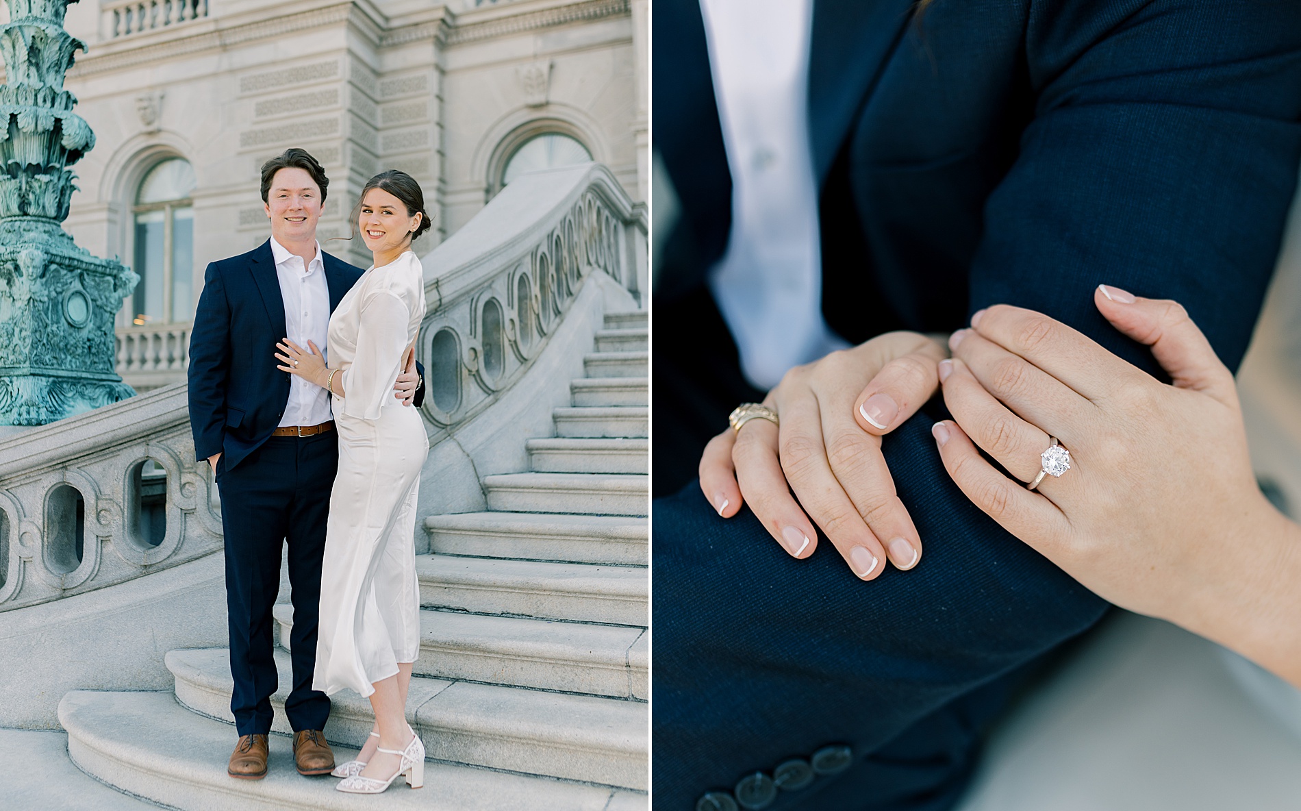 engaged couple stand on stairs of Library of Congress in DC 