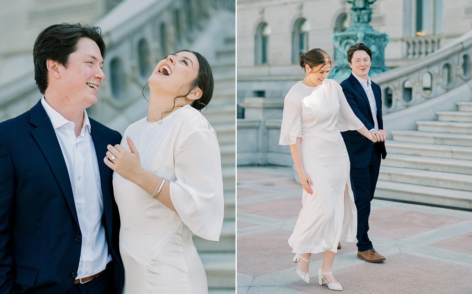 couple laugh together during Capitol Hill Engagement Session
