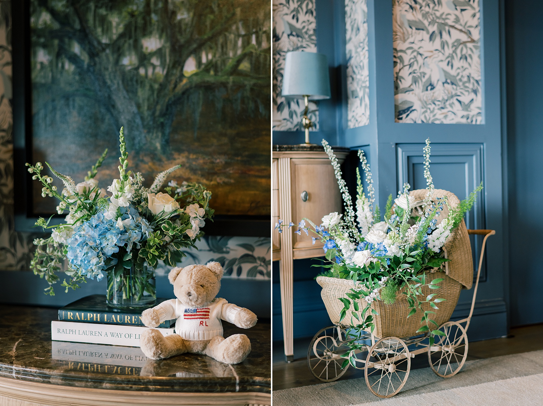 teddy bear in Ralph Lauren sweater and baby carriage filled with classic blue and white flowers for baby boy shower 