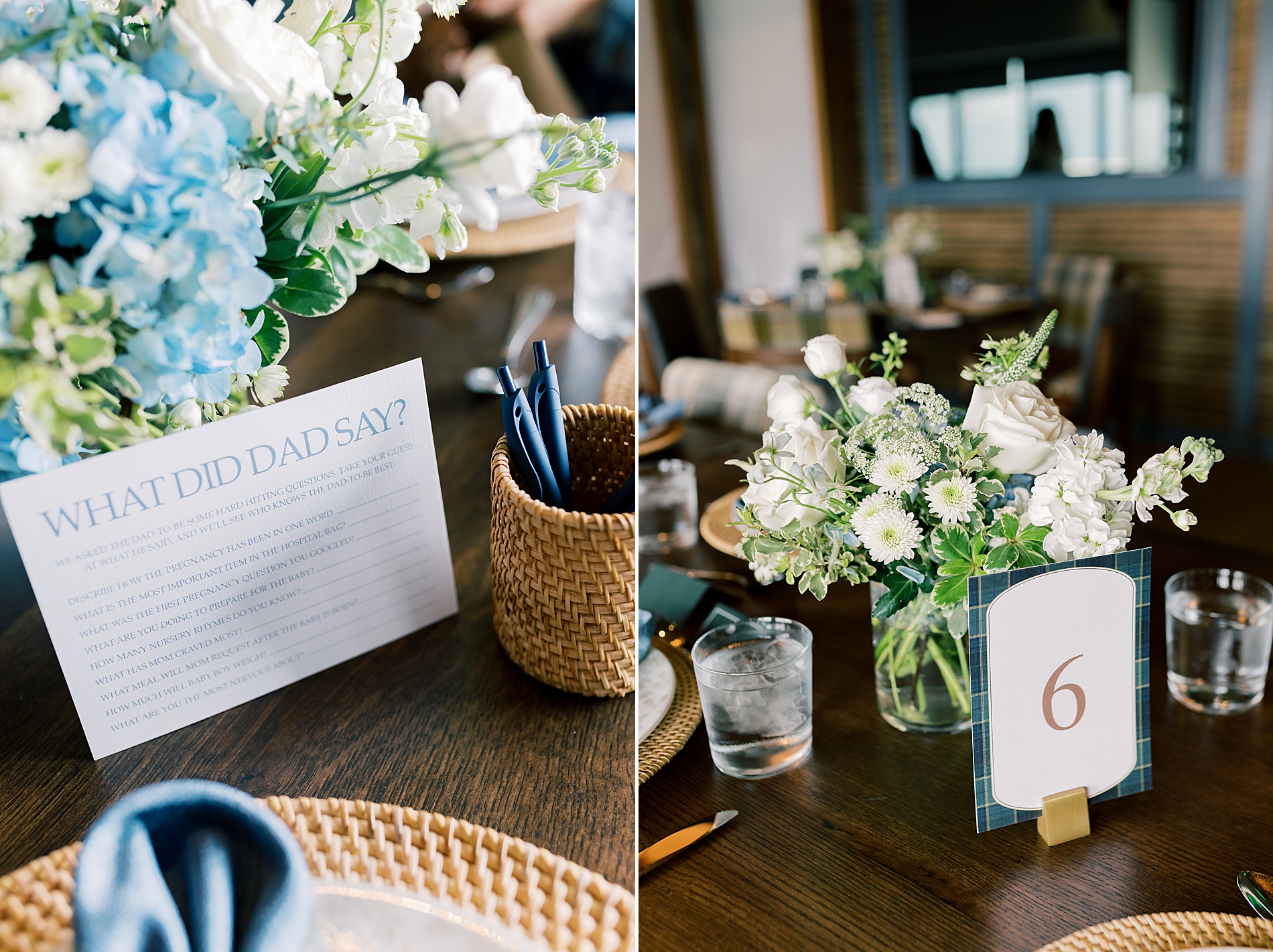white and blue flower centerpieces and table numbers at baby shower 