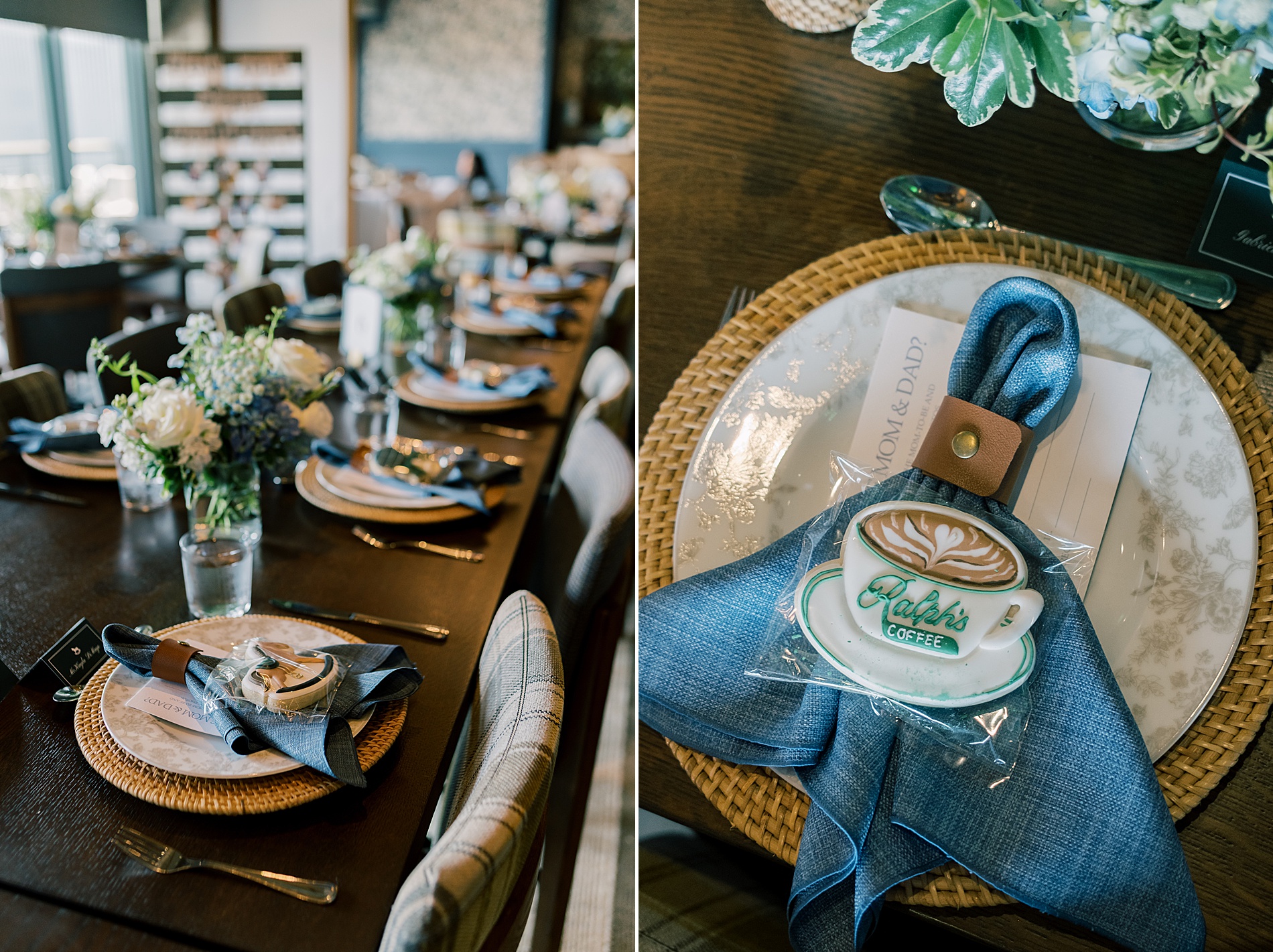 place settings at baby shower with hunter green and navy blue colors 