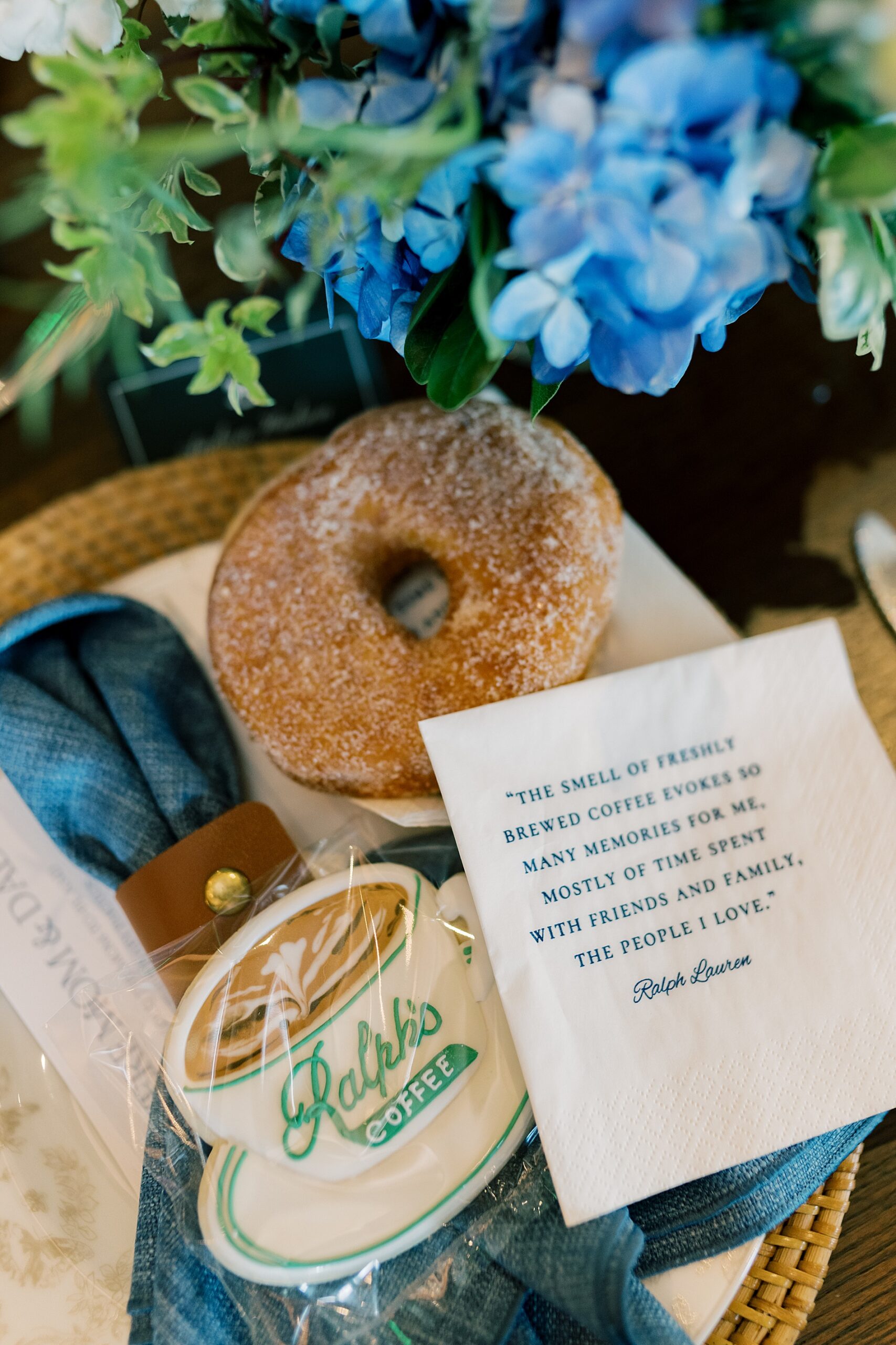 Ralph's coffee sugar cookie, and custom napkin with Ralph Lauren quite from Chic Baby Shower Inspired by Ralph Lauren