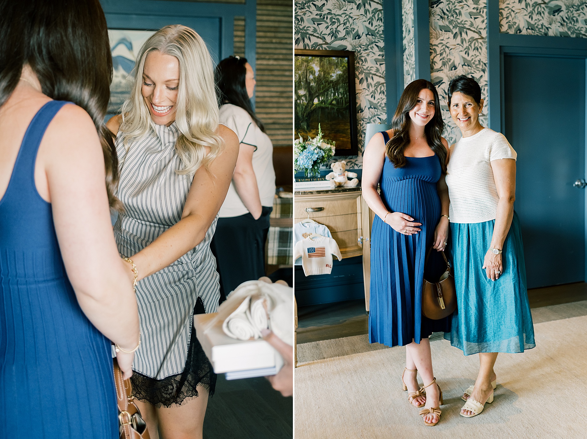 baby shower guests arrive and greet mom-to-be 