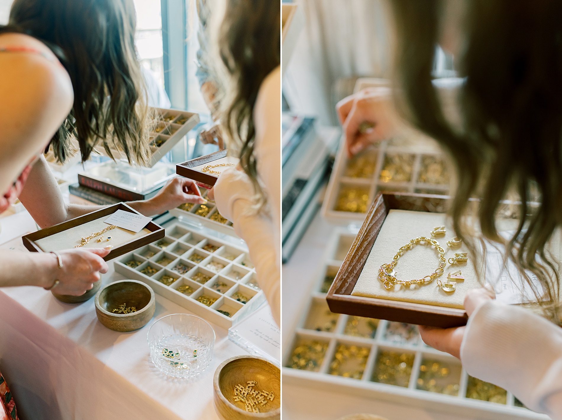 shower guests making charm bracelets 
